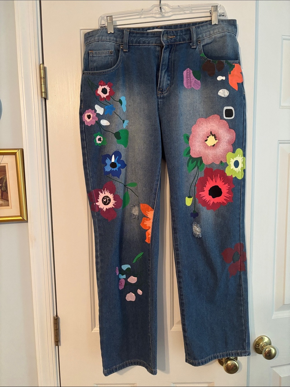 MISSLOOK Blue Denim Jeans with Multicolor Floral Print